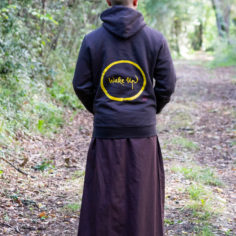 Wake Up Zen calligraphy print on Plum Village Hoodie, 100% organic cotton.