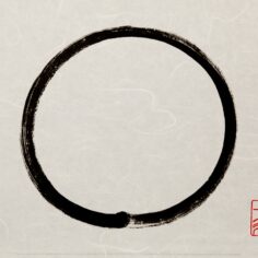 Zen Circle Calligraphy Art by Thich Nhat Hanh in black ink, symbolizing enlightenment, strength, and the universe, painted in a single brushstroke as a traditional Japanese ensō.