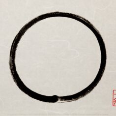 Zen Circle Calligraphy Art by Thich Nhat Hanh in black ink, symbolizing enlightenment, strength, and the universe, painted in a single brushstroke as a traditional Japanese ensō.