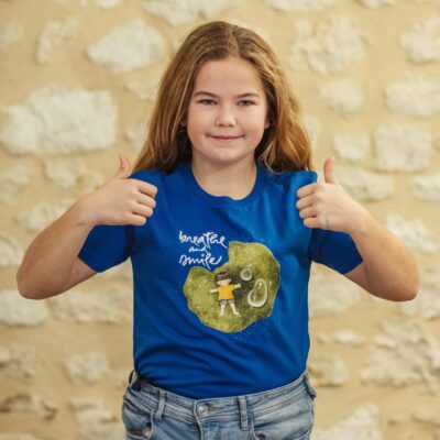 Children wearing unisex Plum Village organic cotton t-shirt- Breathe And Smile design