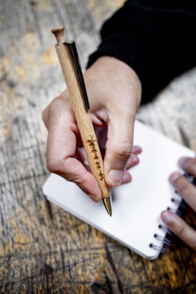 The Plum Village beech wood pen resting on a journal, evoking a mindful writing experience in a natural setting