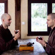 A cozy tea meditation setup with the Plum Village Tea Glass resting on a wooden table