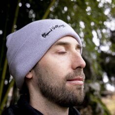 Close-up of the Plum Village Organic Cotton Beanie, showcasing its breathable and soft texture