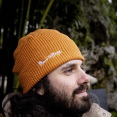 Close-up of the Plum Village Organic Cotton Beanie, showcasing its breathable and soft texture