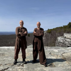 Zen Monk Brother Phap Xa and Phap Luu on hiking trail, Blue Cliff Monastery mindful walking guide for nature